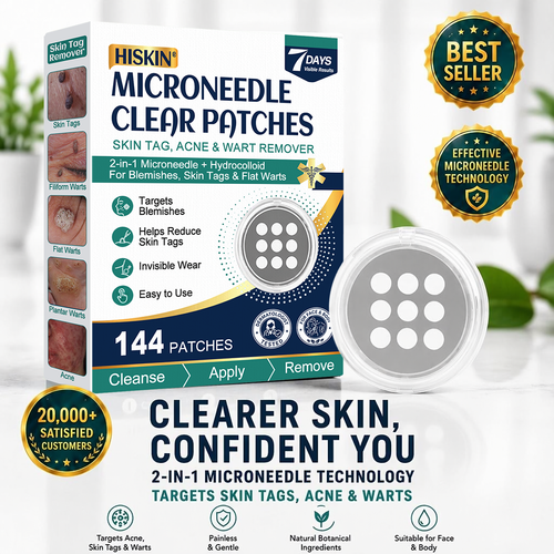 ✨Hiskin ® 2-in-1 Microneedle & Hydrocolloid Patch🍀 | Removes raised moles, acne, flat warts, and skin tags | Helps improve wrinkles, scars, and blemishes | Invisible patches for face and body