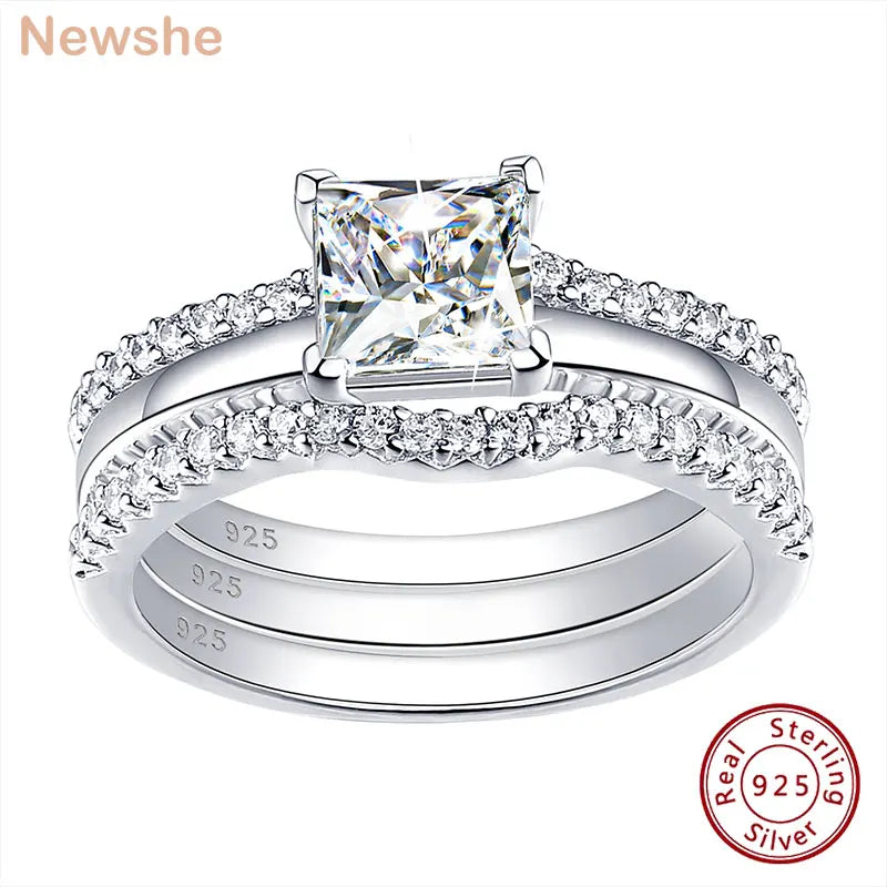 Newshe 925 Silver Rings for Women Luxury Jewelry Solitaire Princess Cut CZ Engagement Ring with Enhancer Wedding Bands