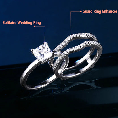 Newshe 925 Silver Rings for Women Luxury Jewelry Solitaire Princess Cut CZ Engagement Ring with Enhancer Wedding Bands