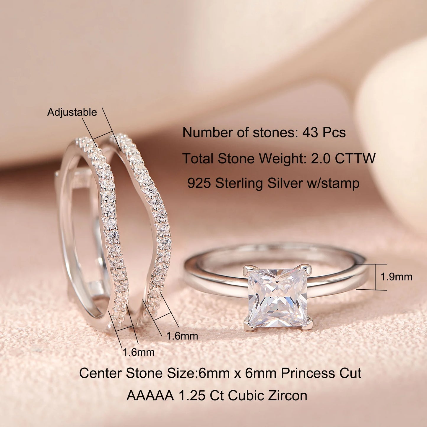Newshe 925 Silver Rings for Women Luxury Jewelry Solitaire Princess Cut CZ Engagement Ring with Enhancer Wedding Bands