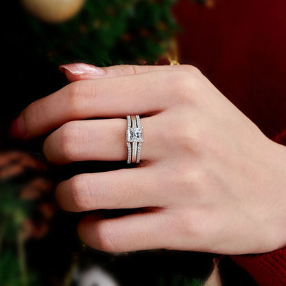Newshe 925 Silver Rings for Women Luxury Jewelry Solitaire Princess Cut CZ Engagement Ring with Enhancer Wedding Bands