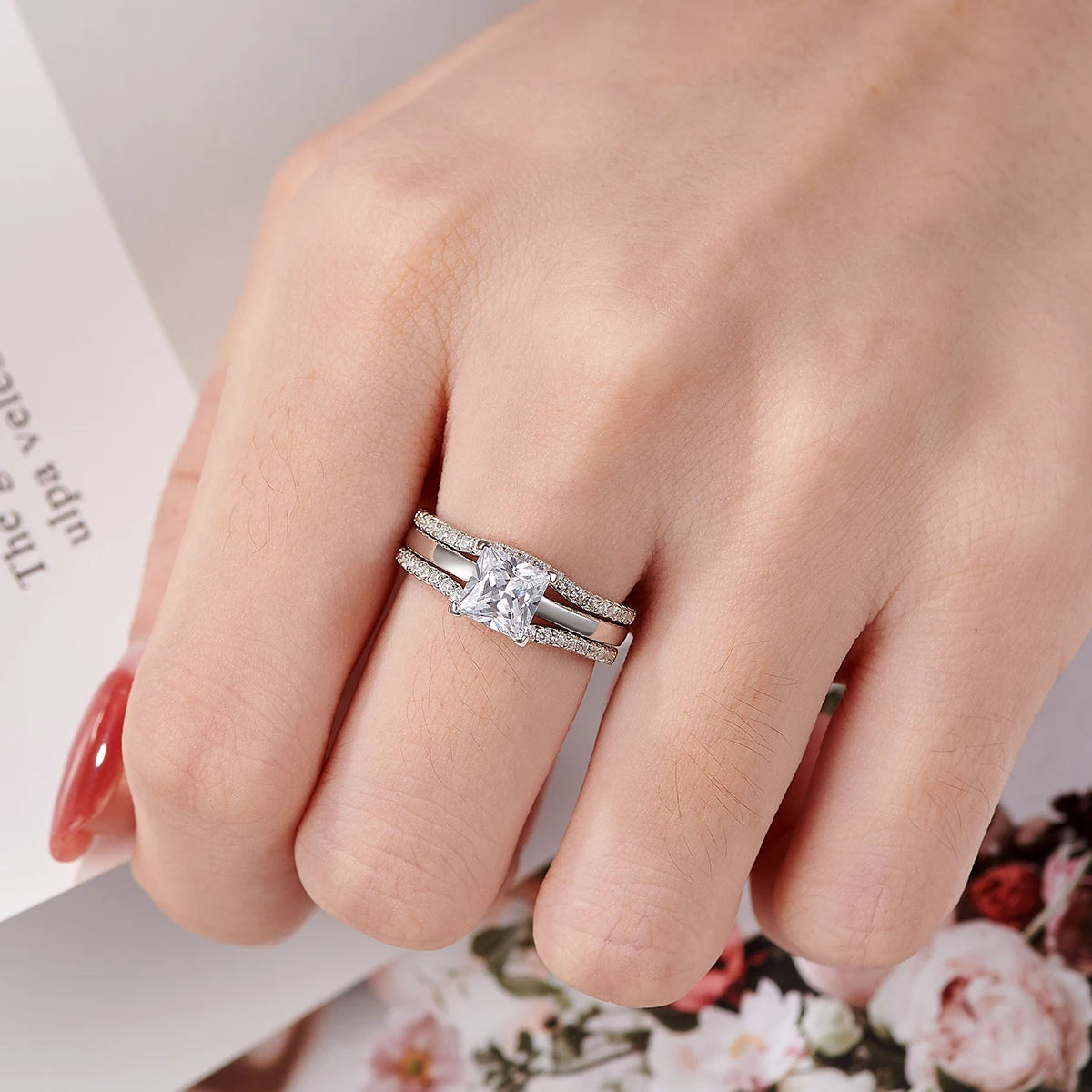 Newshe 925 Silver Rings for Women Luxury Jewelry Solitaire Princess Cut CZ Engagement Ring with Enhancer Wedding Bands