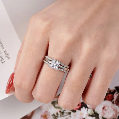 Newshe 925 Silver Rings for Women Luxury Jewelry Solitaire Princess Cut CZ Engagement Ring with Enhancer Wedding Bands
